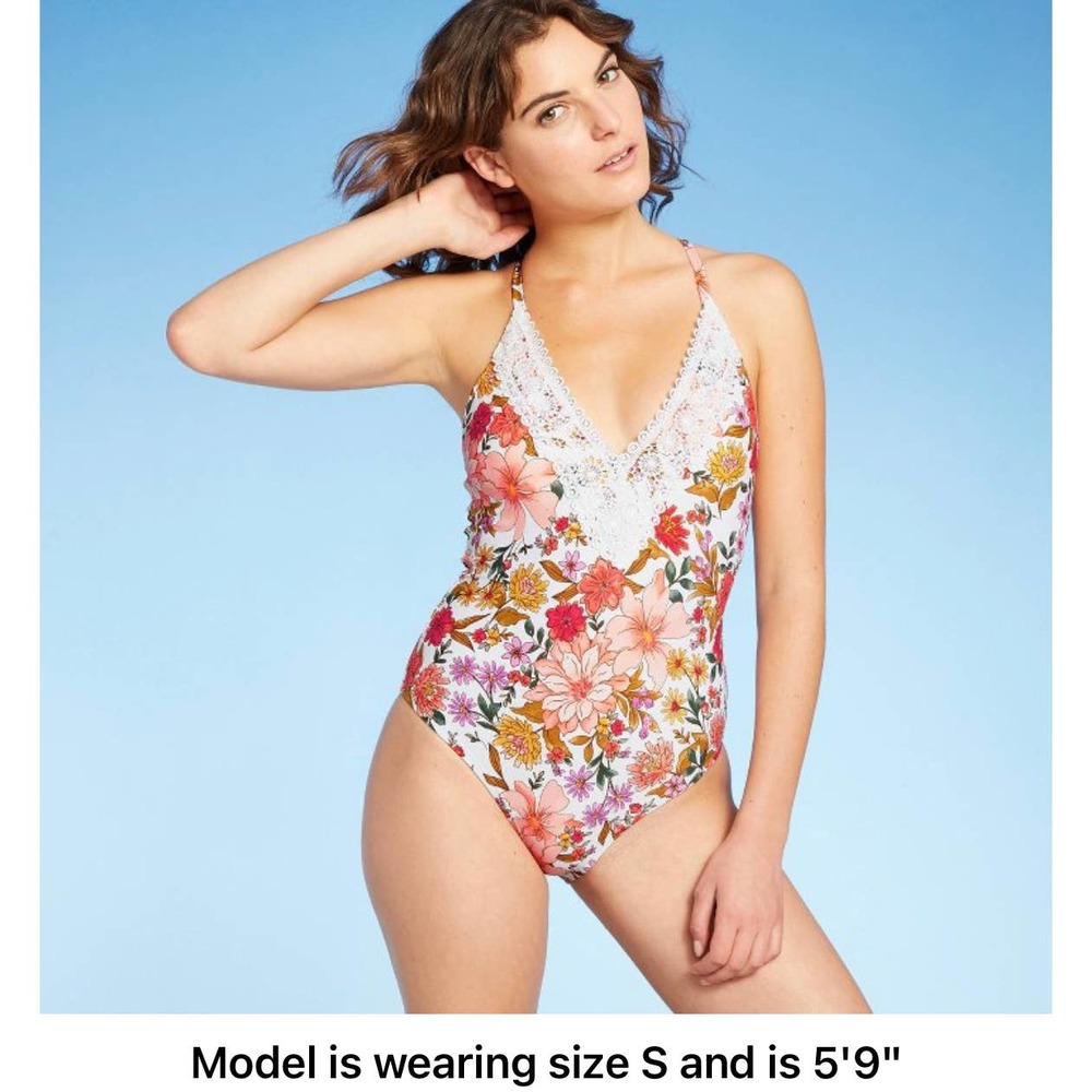 Women's Lace Trimmed One Piece Swimsuit - Sea Angel White size M